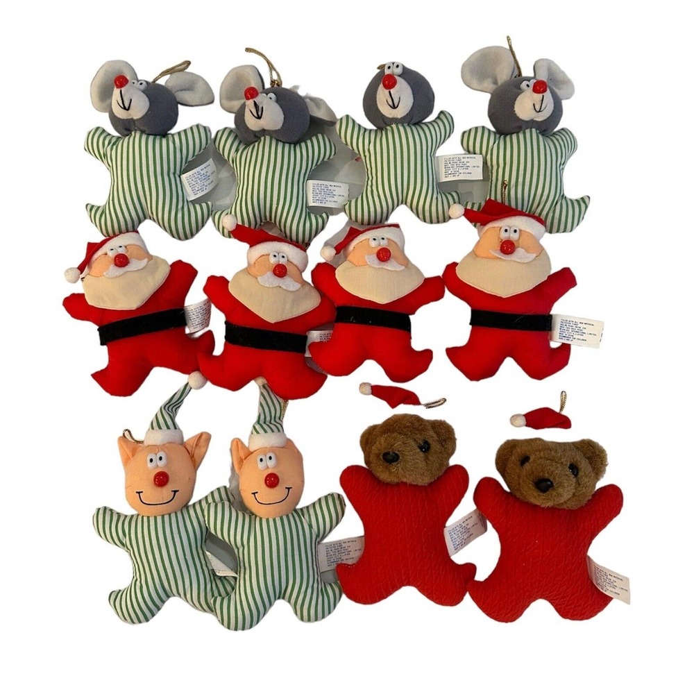Dandee Sears Christmas Tree Ornaments Plush Elf Mouse Santa Claus Bear Vtg Lot